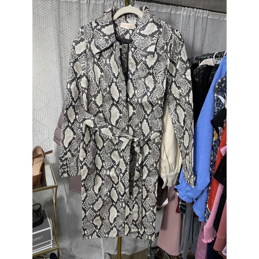 Choosy Cream & Black Vegan Snakeskin Zip Trench coat Raincoat Sz S  NWT Belted